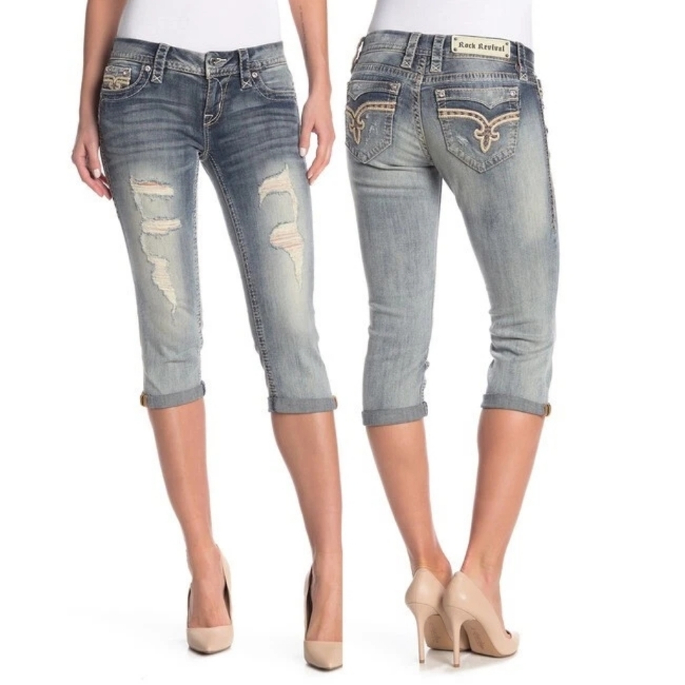 Rock Revival Women's Capri Vivian Crop Jeans Rhinestone Size 25